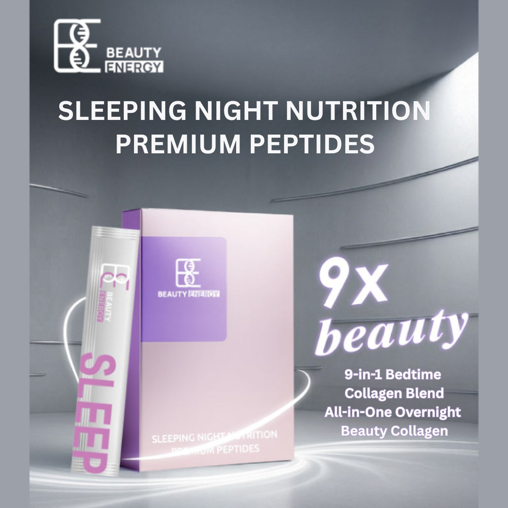 Advertisement for Beauty Energy sleeping night nutrition premium peptides with packaging on a gray background.