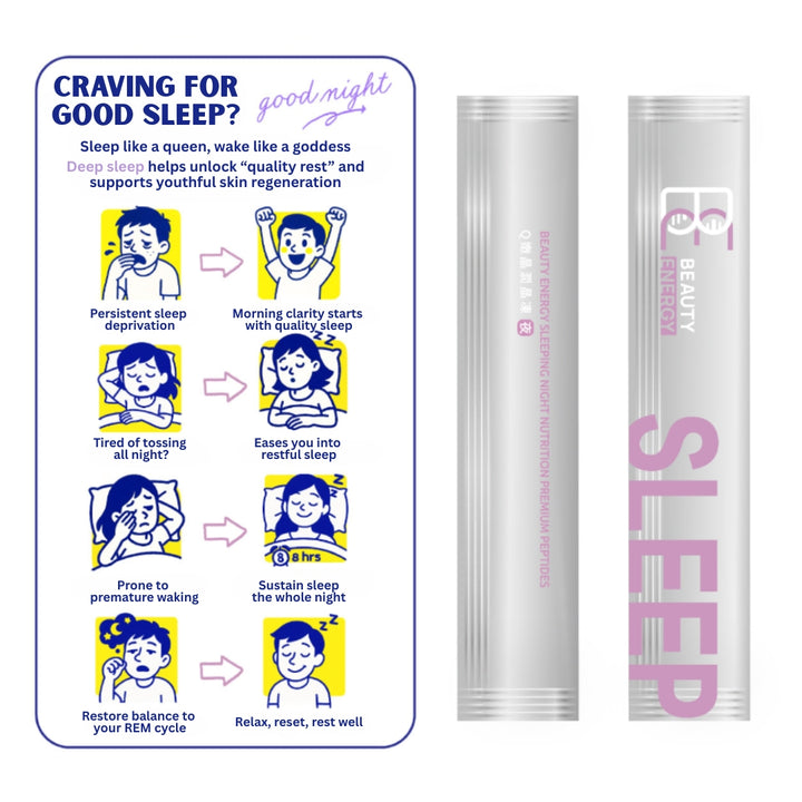 Beauty sleep product packaging with promotional text and illustrations on a white background