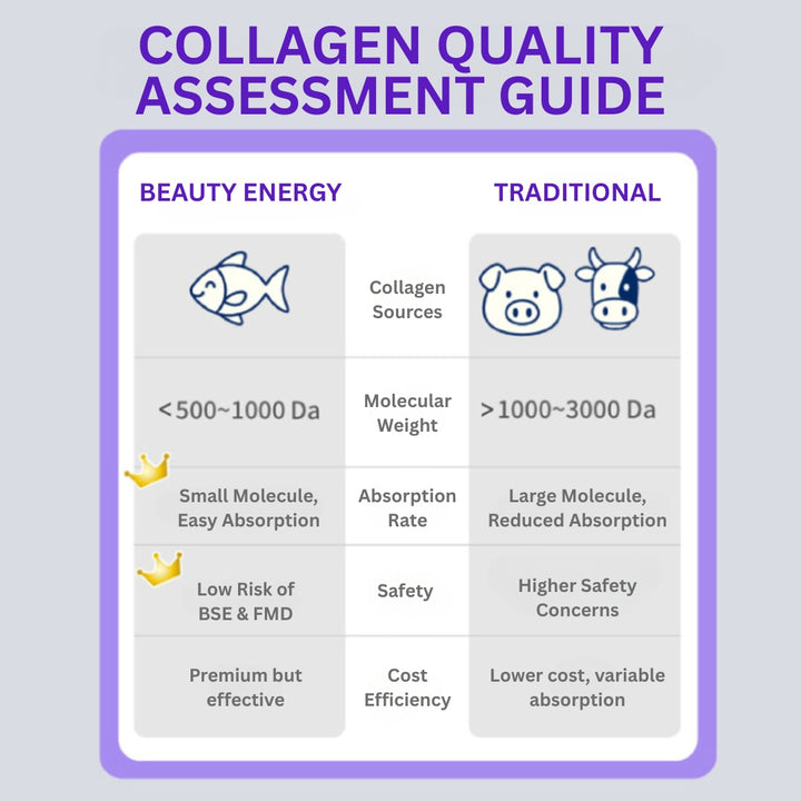 Collagen quality assessment guide comparing Beauty Energy and Traditional collagen sources.