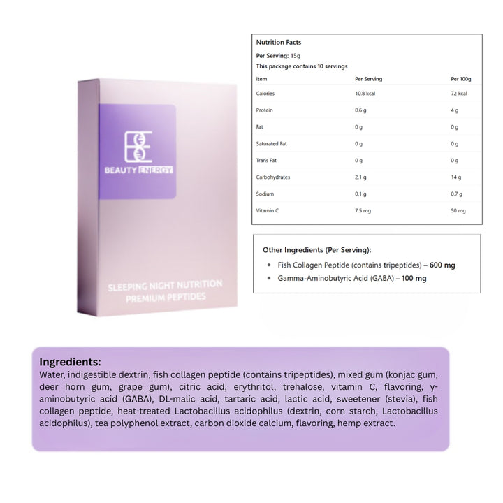 Beauty Peptides packaging with nutrition facts and ingredients listed on a white background