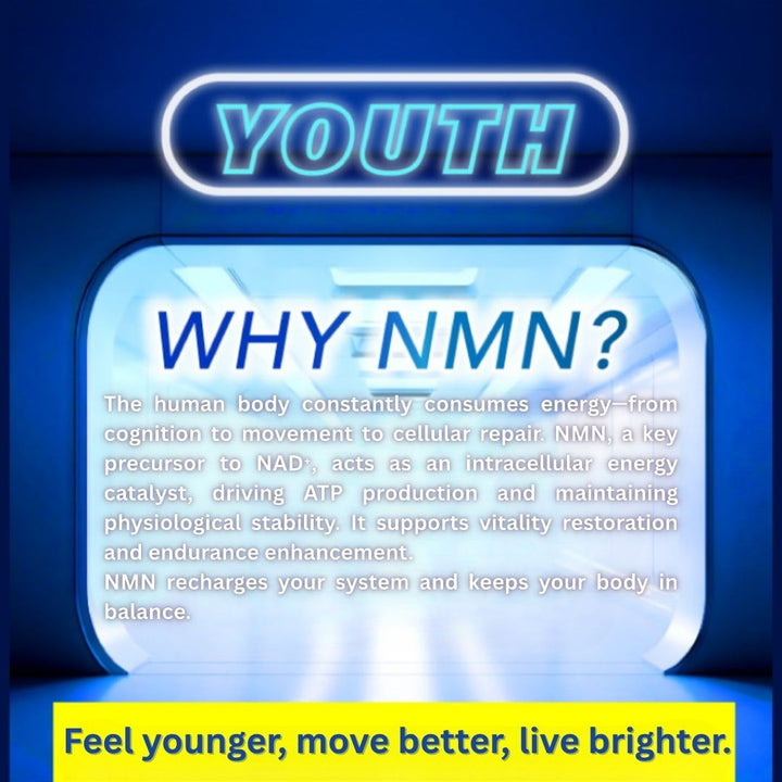 Advertisement for NMN with text about its benefits on a blue background