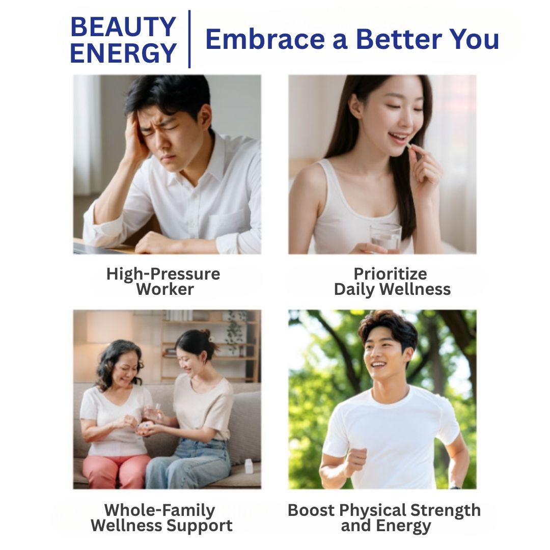 Advertisement for 'Beauty Energy' with four scenarios showing different aspects of wellness.