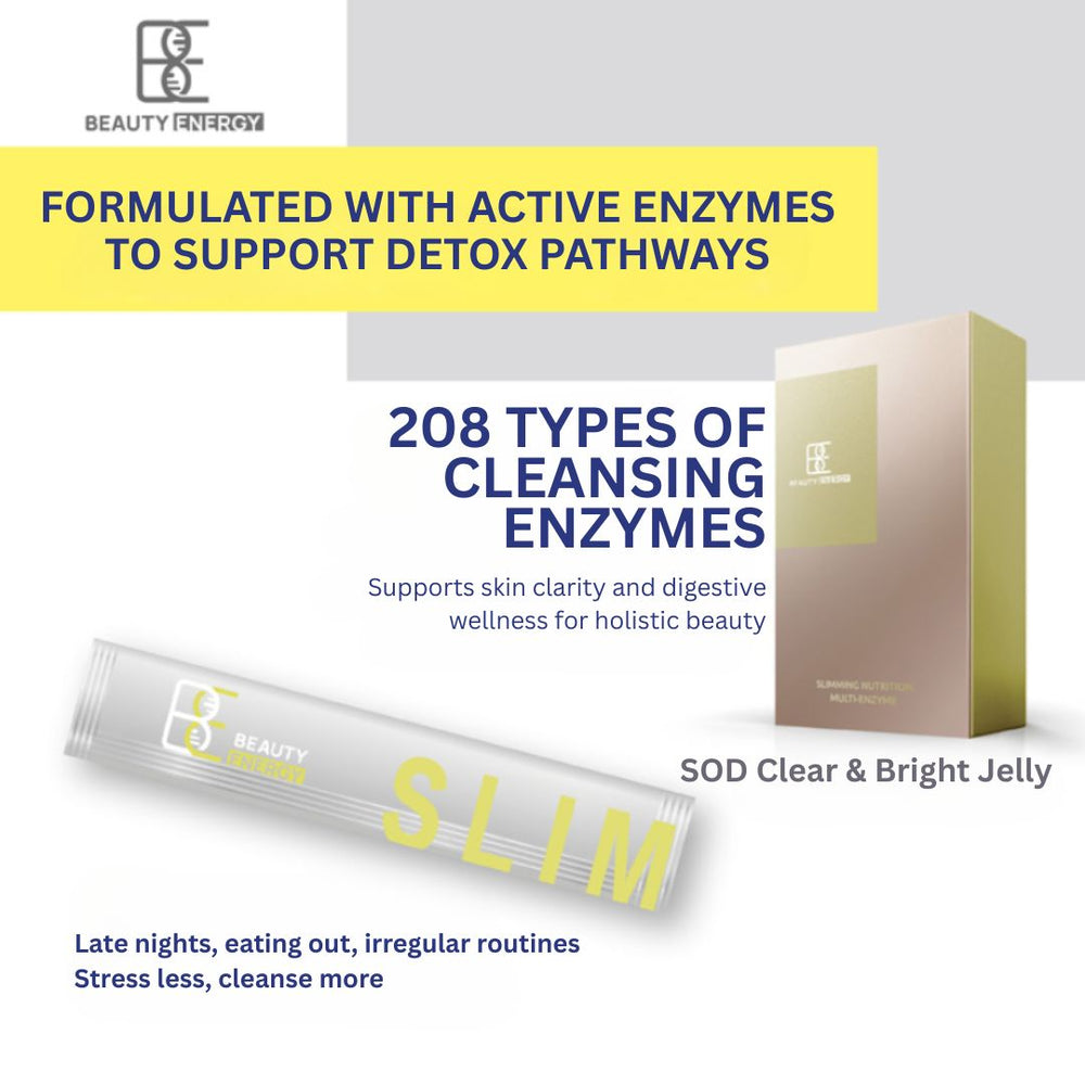Product packaging with text about cleansing enzymes and detox pathways on a white background