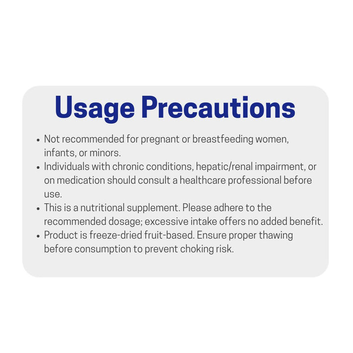 Usage precautions for a nutritional supplement on a white background