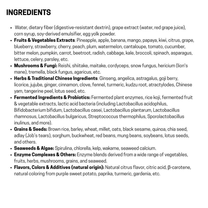 List of ingredients for a dietary supplement on a white background