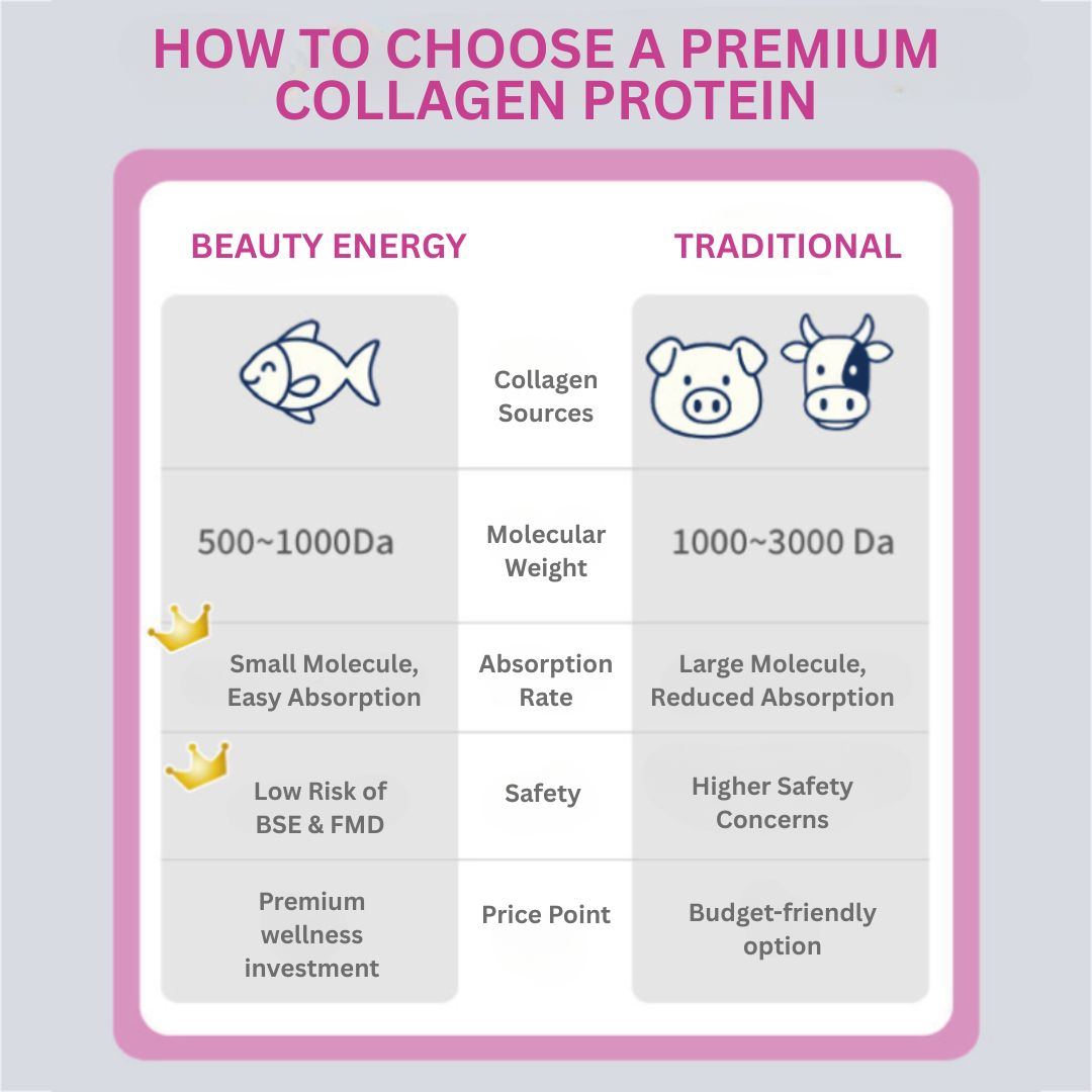 Comparison chart on choosing a premium collagen protein with 'Beauty Energy' and 'Traditional' options.