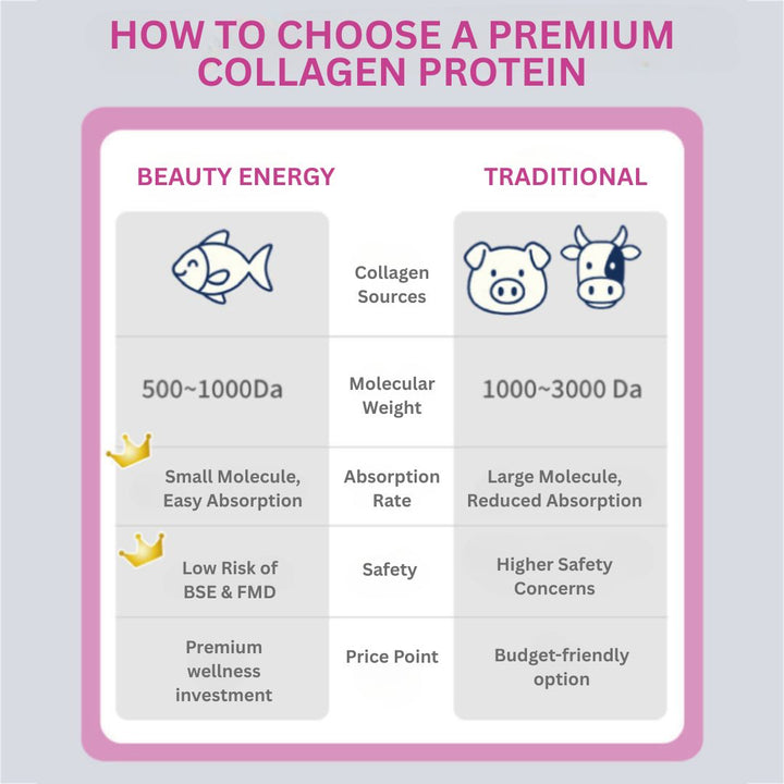 Comparison chart on choosing a premium collagen protein with 'Beauty Energy' and 'Traditional' options.