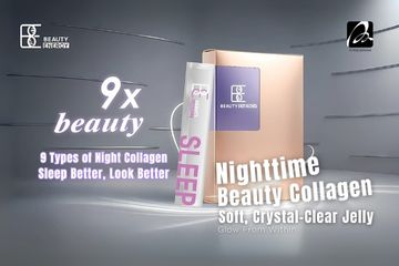 Beauty collagen product packaging with 'Sleep' and 'Beauty Energy' labels on a gray background.