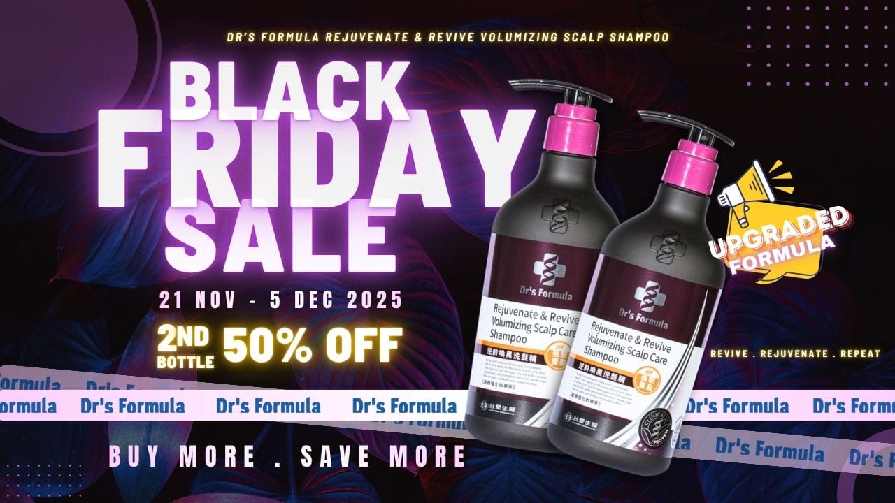Dr's Formula shampoo bottles with Black Friday sale text on a dark background