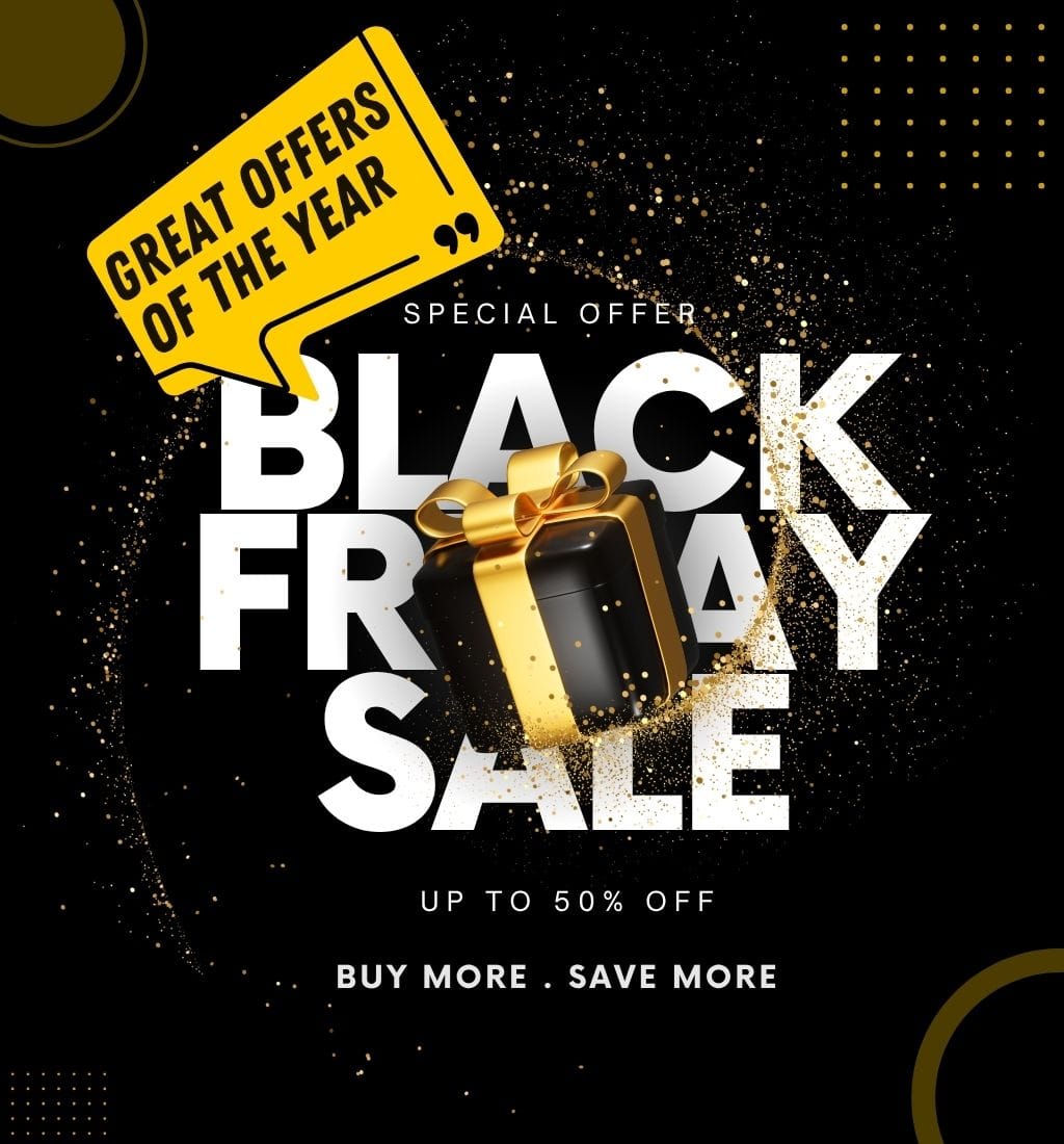 Black Friday sale advertisement with a gift box and text on a black background