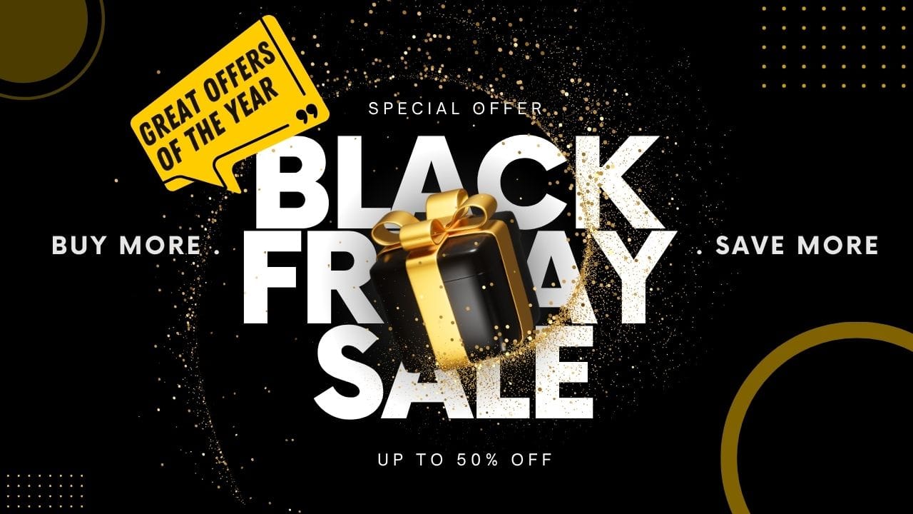 Black Friday sale advertisement with gold gift box and text on a black background