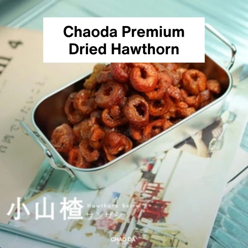 Metal container filled with dried hawthorn berries on a magazine background, with 'Chaoda Premium Dried Hawthorn' text.