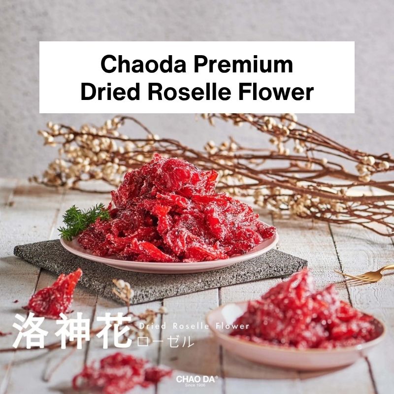 Dried roselle flower on a plate with 'Chaoda Premium' branding.