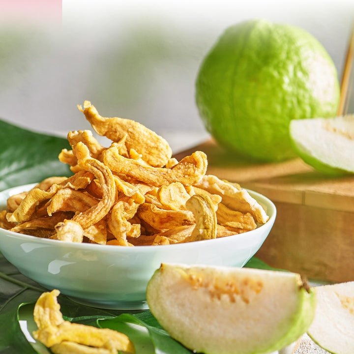 Dried guava on a white plate with a light background