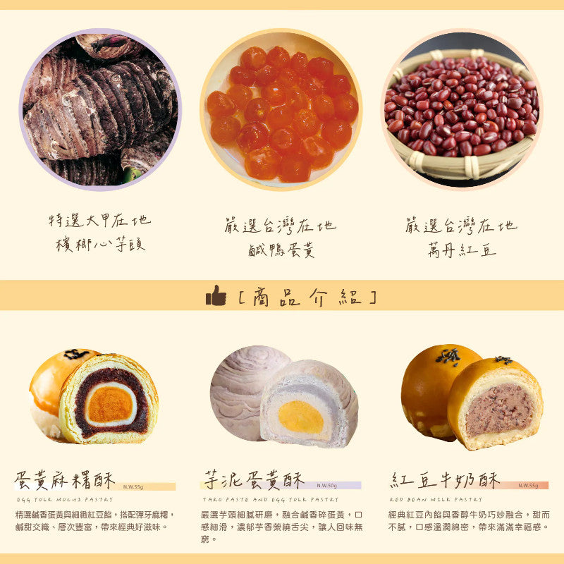 Dessert items with ingredients and product introduction text on a yellow background