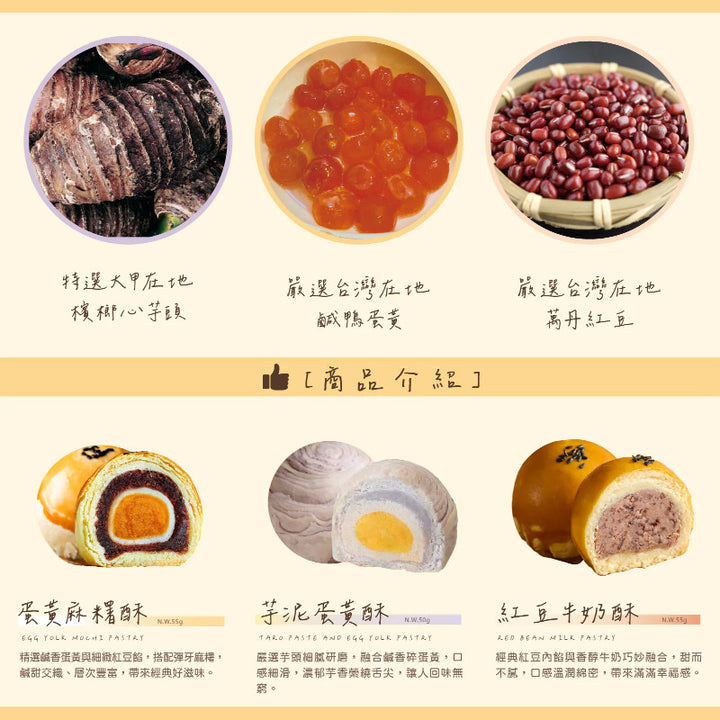 Dessert items with ingredients and product introduction text on a yellow background