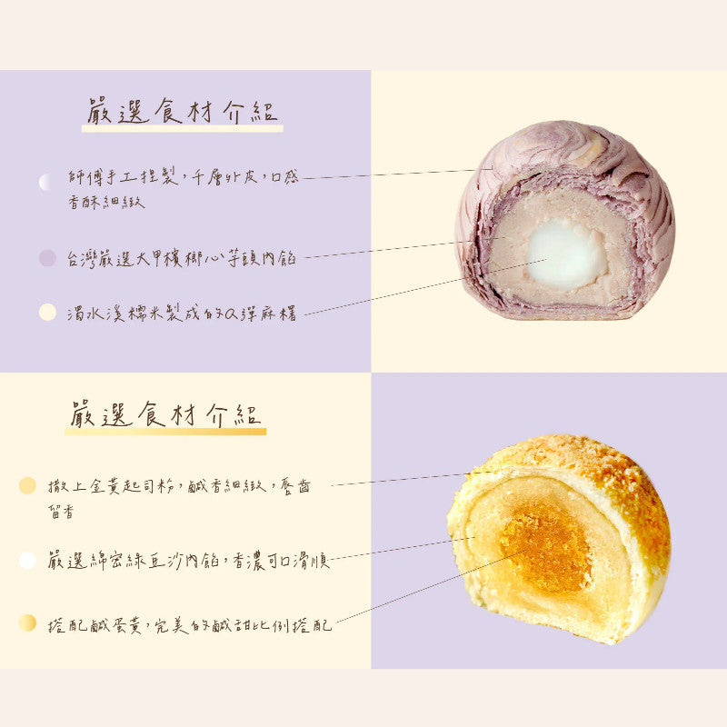 Two mooncakes with cross-sections and text on a light purple background