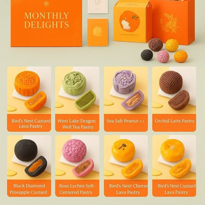 Assorted mooncakes with packaging labeled 'Monthly Delights' on a light green background.