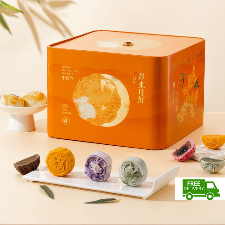 Orange mooncake box with mooncakes on a light background