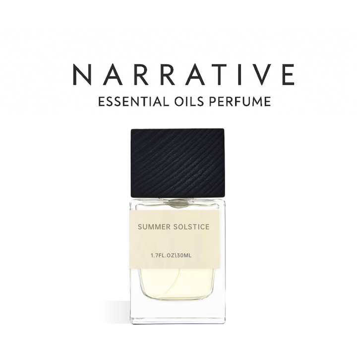 Perfume bottle labeled 'Summer Solstice' by 'Narrative Essential Oils Perfume' on a white background
