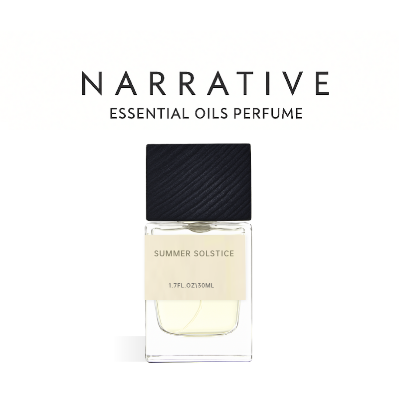 Perfume bottle labeled 'Summer Solstice' by 'Narrative Essential Oils Perfume' on a white background