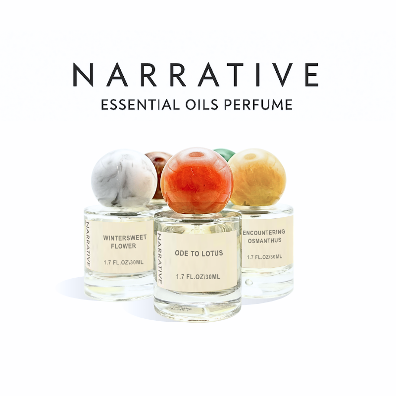 Three bottles of Narrative Essential Oils Perfume on a white background