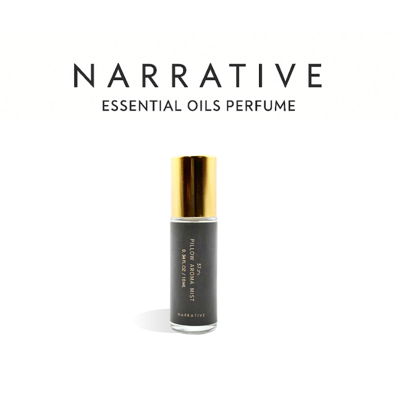 Essential oils perfume bottle with gold cap on a white background, featuring the brand 'Narrative'.