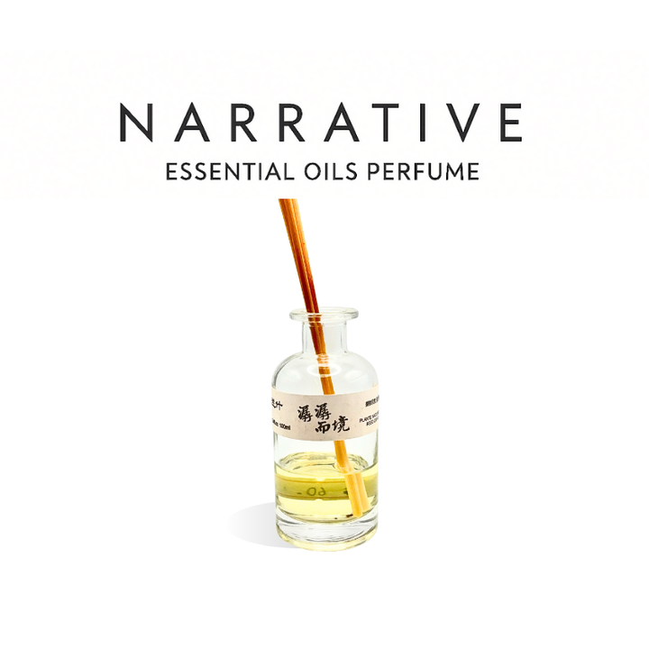 Bottle of Narrative essential oils perfume with a wooden roller on a white background