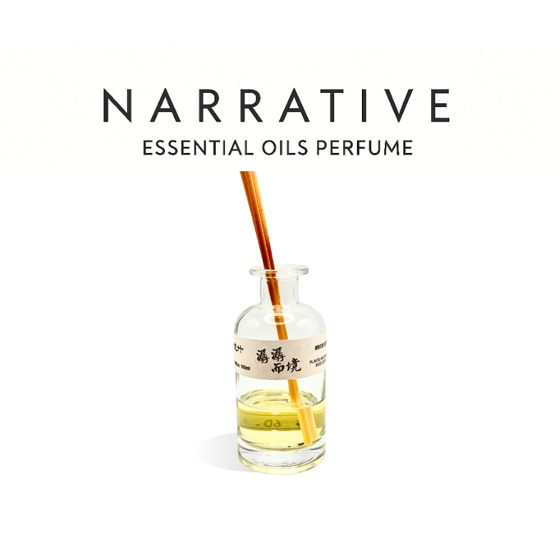 Bottle of Narrative essential oils perfume with a wooden roller on a white background