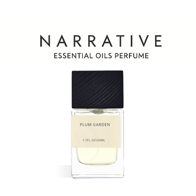 Perfume bottle labeled 'Plum Garden' by 'Narrative Essential Oils Perfume' on a white background
