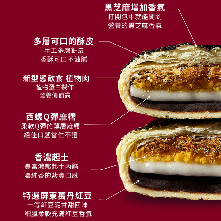 Close-up of a layered dessert with text labels on a red background