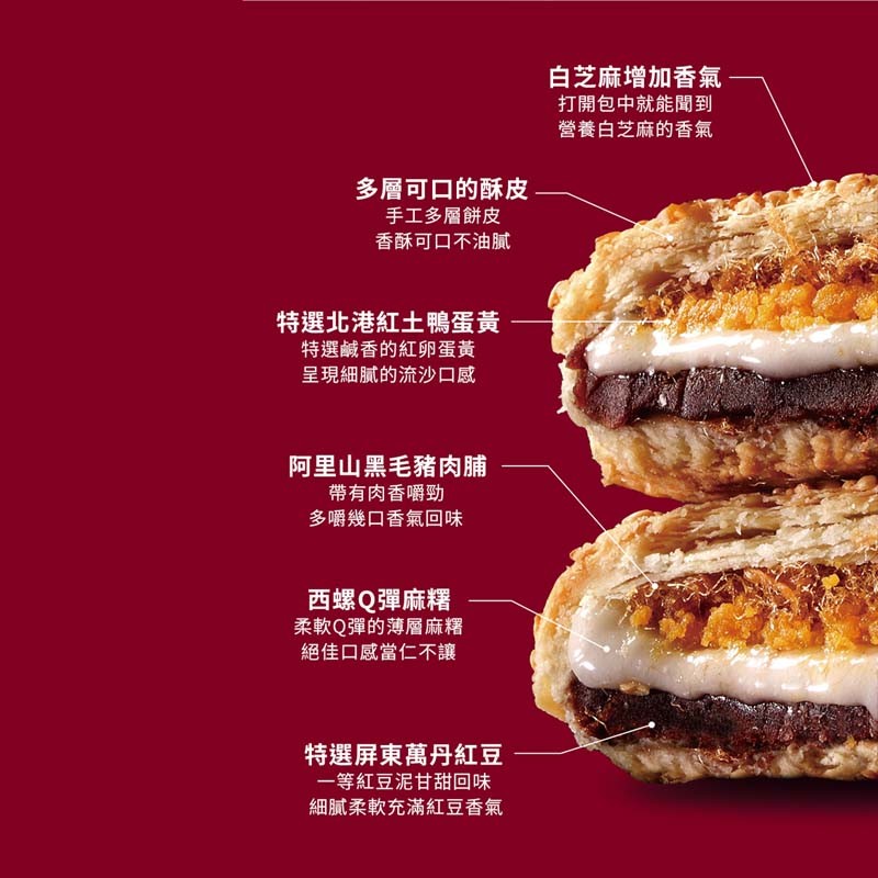 Close-up of a layered dessert with text on a red background