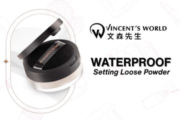 Black compact powder case with 'Vincent's World' branding on a white background