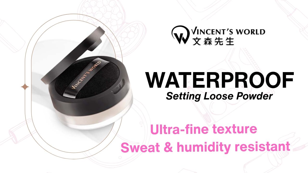 Vincent's World waterproof setting loose powder with product packaging on a white background