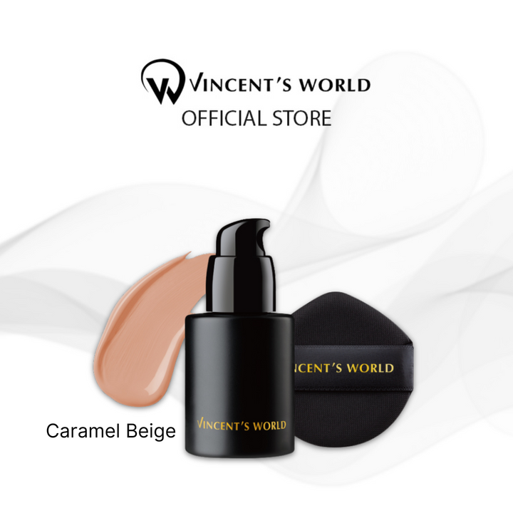 Vincent's World cosmetic product with a swatch of caramel beige color on a white background