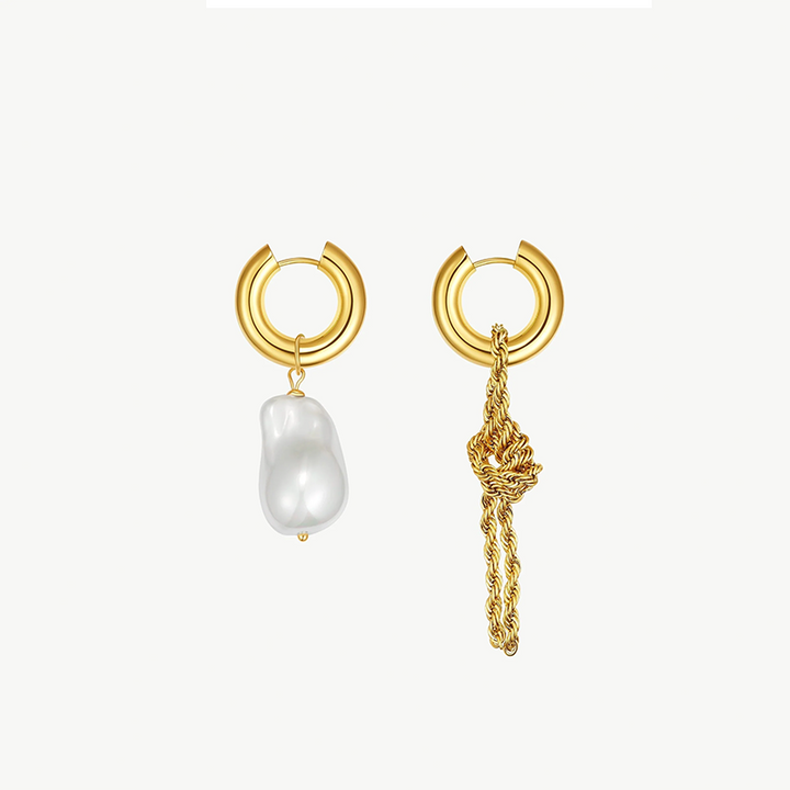 CLASSICHARMS (VANCOUVER) - Unique Asymmetrical Gold Rope Chain Baroque Pearl Drop Earrings