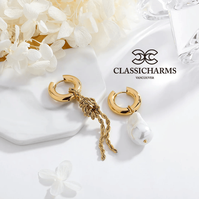 CLASSICHARMS Jewellery CLASSICHARMS (VANCOUVER) - Unique Asymmetrical Gold Rope Chain Baroque Pearl Drop Earrings CLASSICHARMS (VANCOUVER) - Unique Asymmetrical Gold Rope Chain Baroque Pearl Drop Earrings