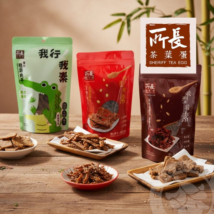 Sheriff Tea Leaf Eggs Crisps & Puffed Snacks Sheriff Vegetarian Jerky & Spicy Slices Sheriff Vegetarian Jerky & Spicy Slices – Assorted Flavors (3 Bags/Set