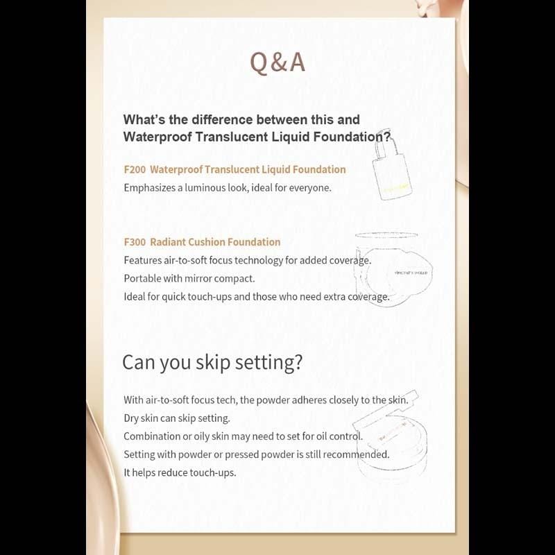 Vincent's World Concealer & Foundation Radiant Cushion Foundation and Waterproof Setting Loose Powder Radiant Cushion Foundation and Waterproof Setting Loose Powder